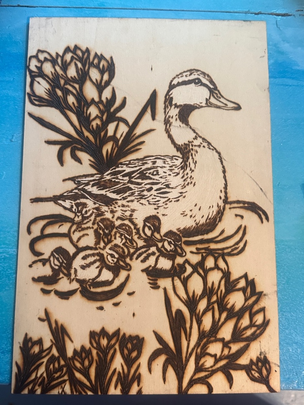 Hand Crafted Blue and Cream Duck Family Woodburning Art